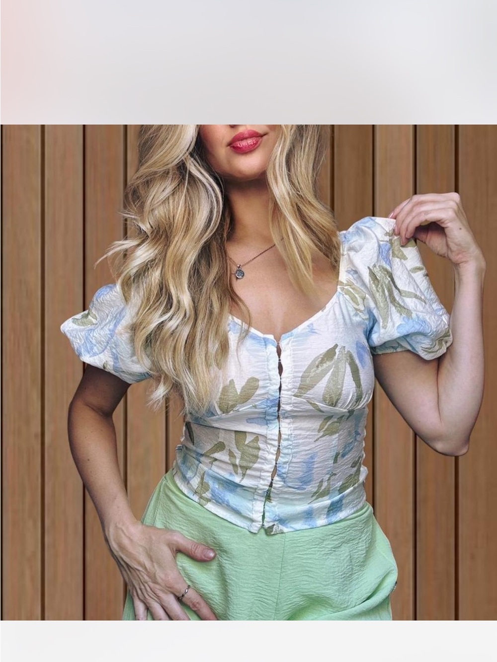 Sienna Sky Puff-Sleeve Button Crop Top - Light Blue & Sage